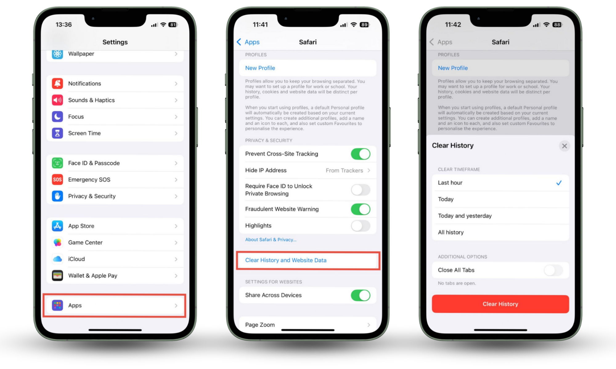The steps needed to clear history and website data in Safari on iOS. How to remove virus from iPhone, using Apple's Settings.