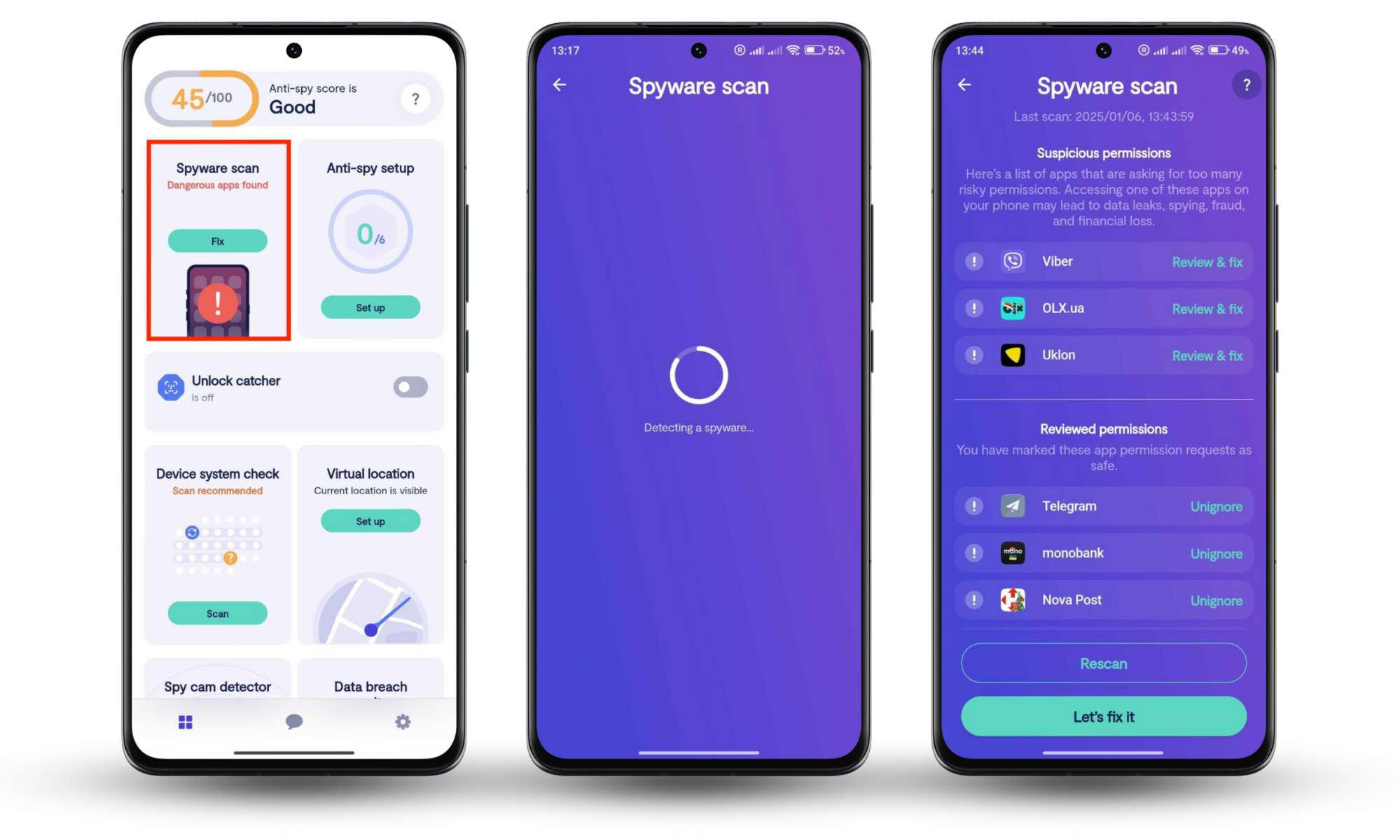 Clario Anti Spy’s Spyware Scan running on an Android phone to detect hidden tracking apps, ensuring privacy even after you delete browsing history.