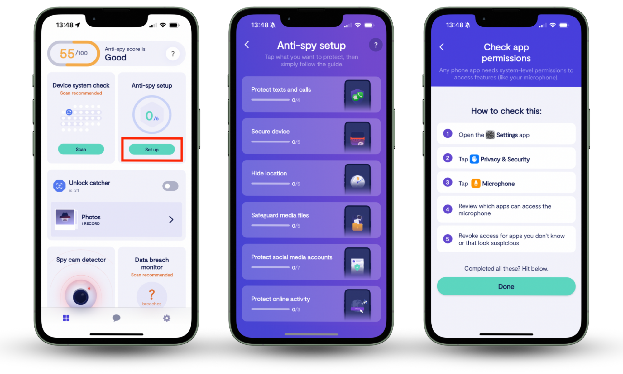 Clario Anti Spy's Anti-spy setup checklists on an iPhone. If you see fake Apple virus warning signs, improve your iPhone's security.
