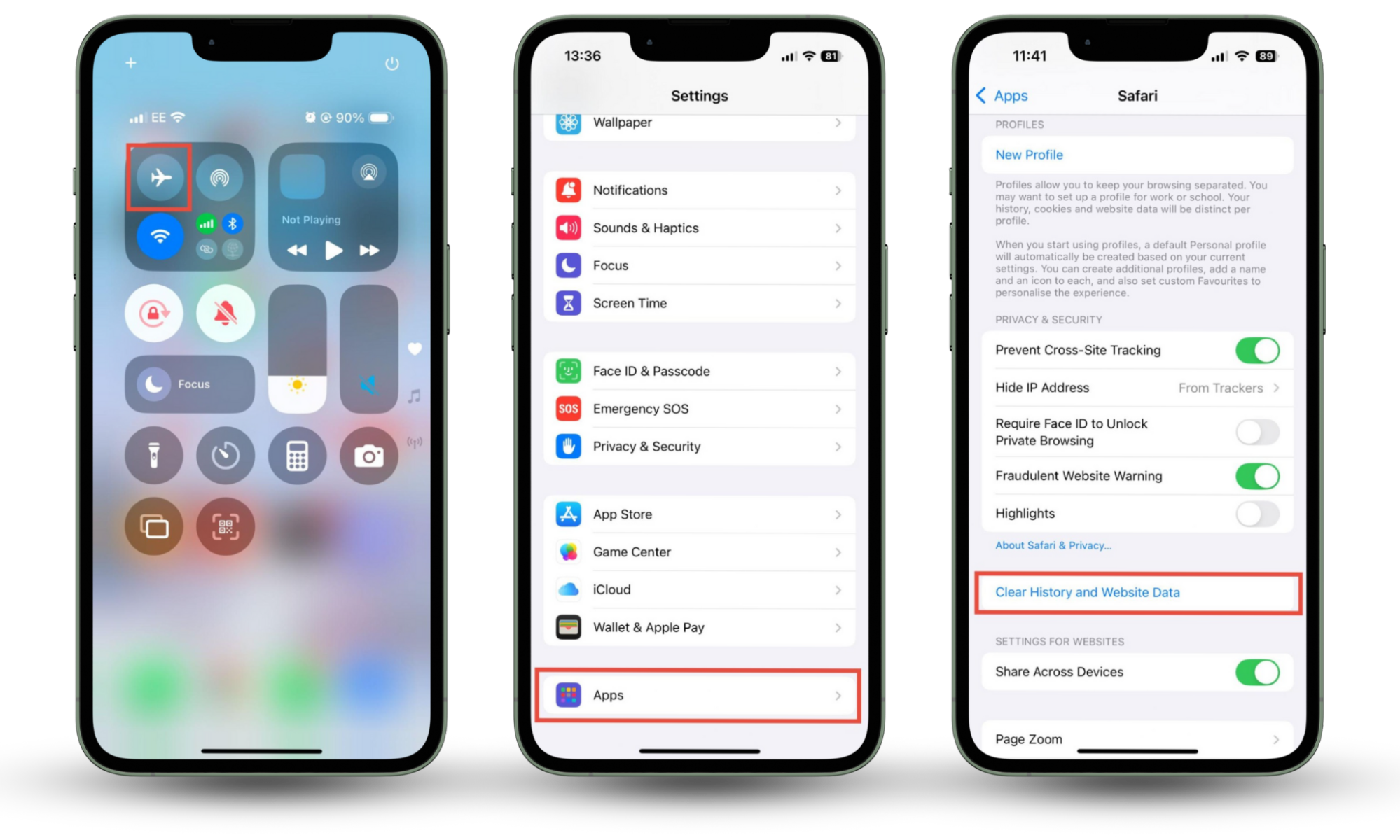 Instructions to tun on Airplane Mode and delete website data from Safari on an iPhone. If you see an Apple security breach message on iPhone, clear website data.